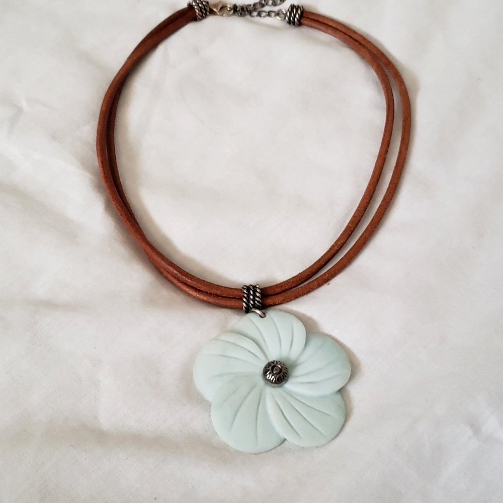 925 Brown Leather Necklace with Flower Pendant